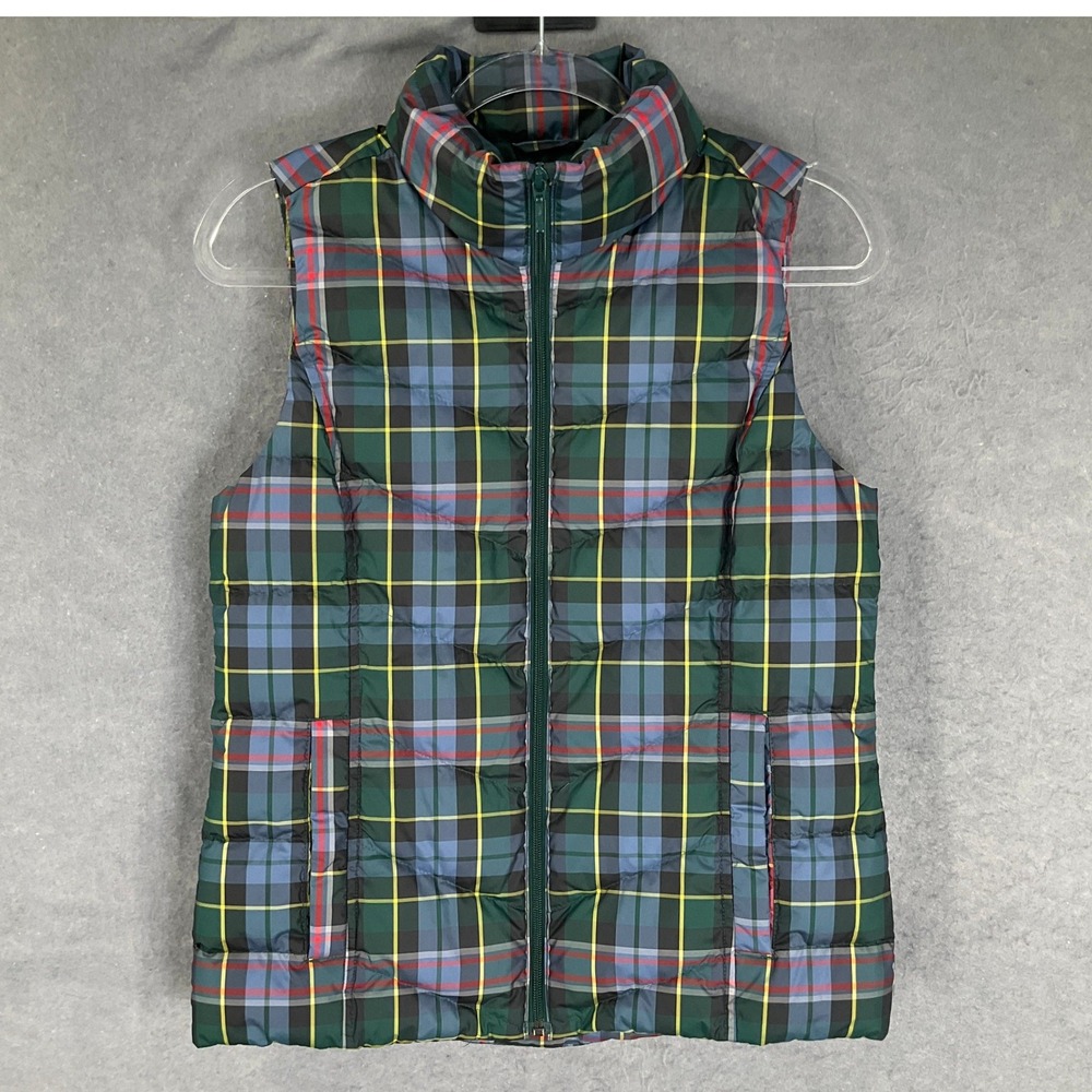 Lands End Womens Puffer Vest Plaid Green Blue Full Zip Pockets Size XS Preppy